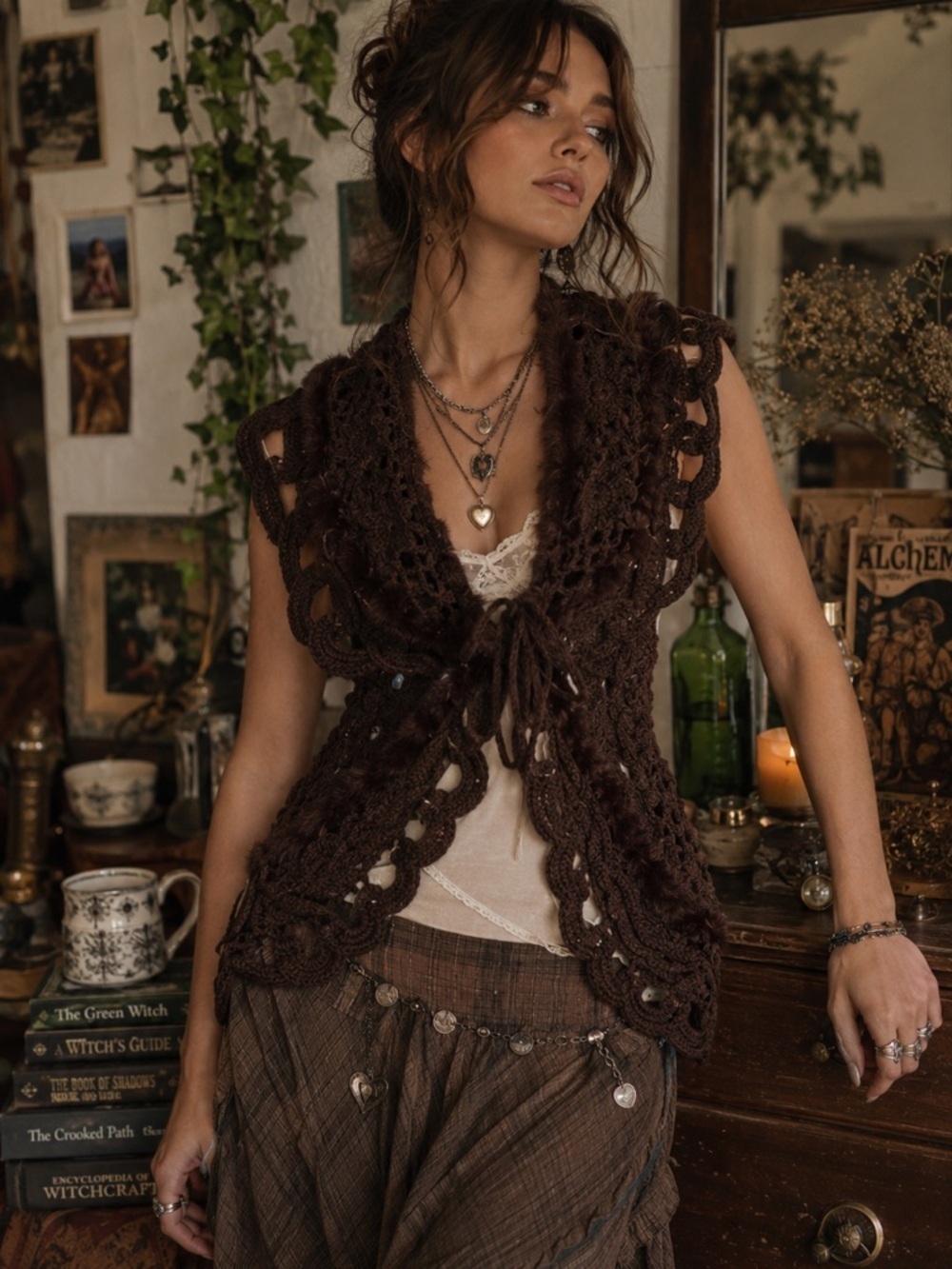 Vintage Brown Crochet Fur Trim Fairycore Women’s Boho Vest Sz S